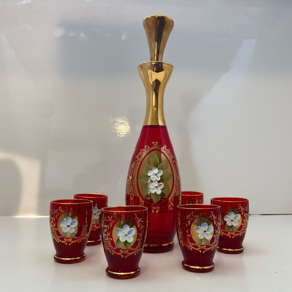 Bohemian glass Decanter and Cordial glasses set Red applied flowers